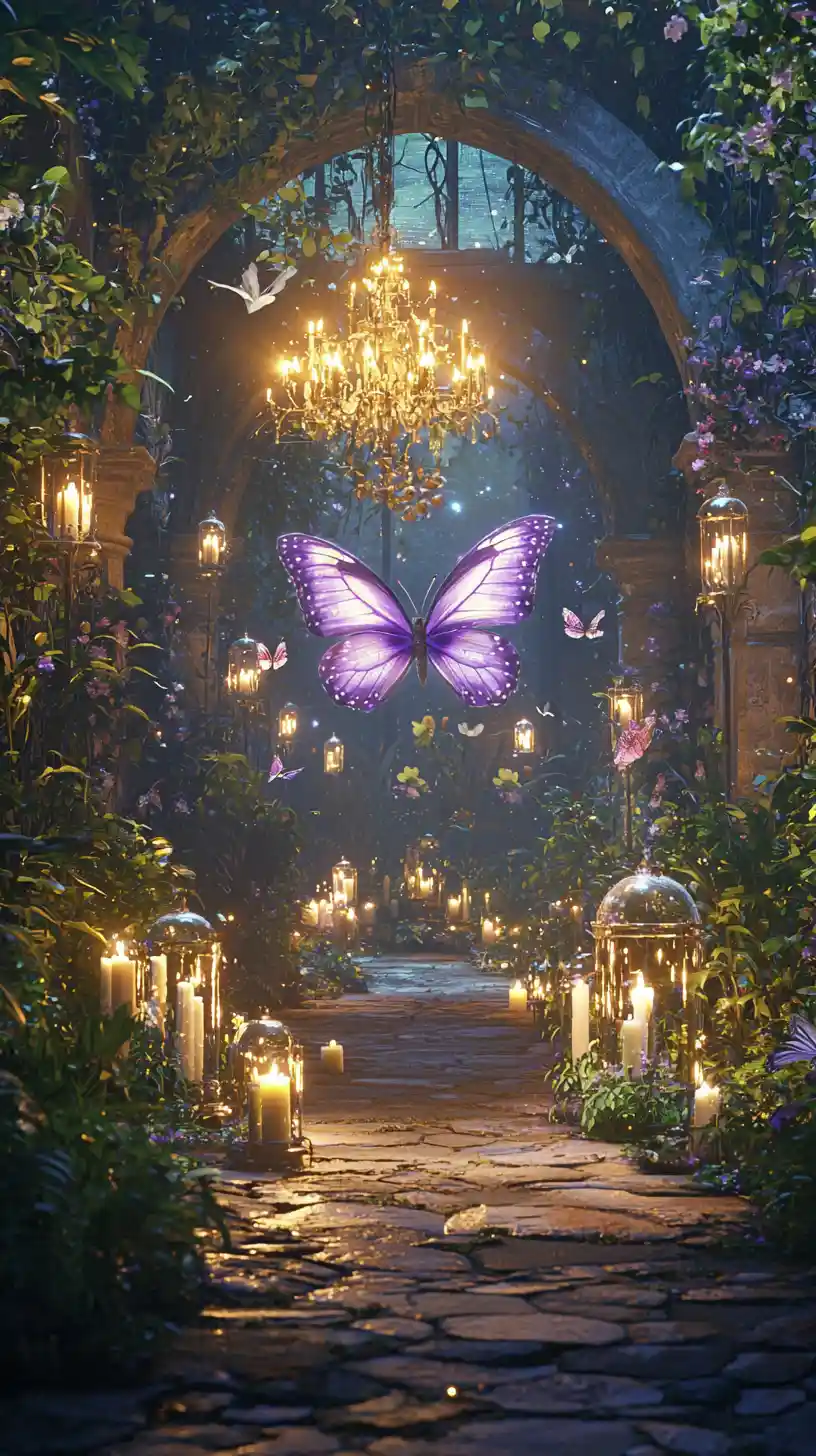 Giardino incantato illuminato da candele con farfalla viola luminosa
