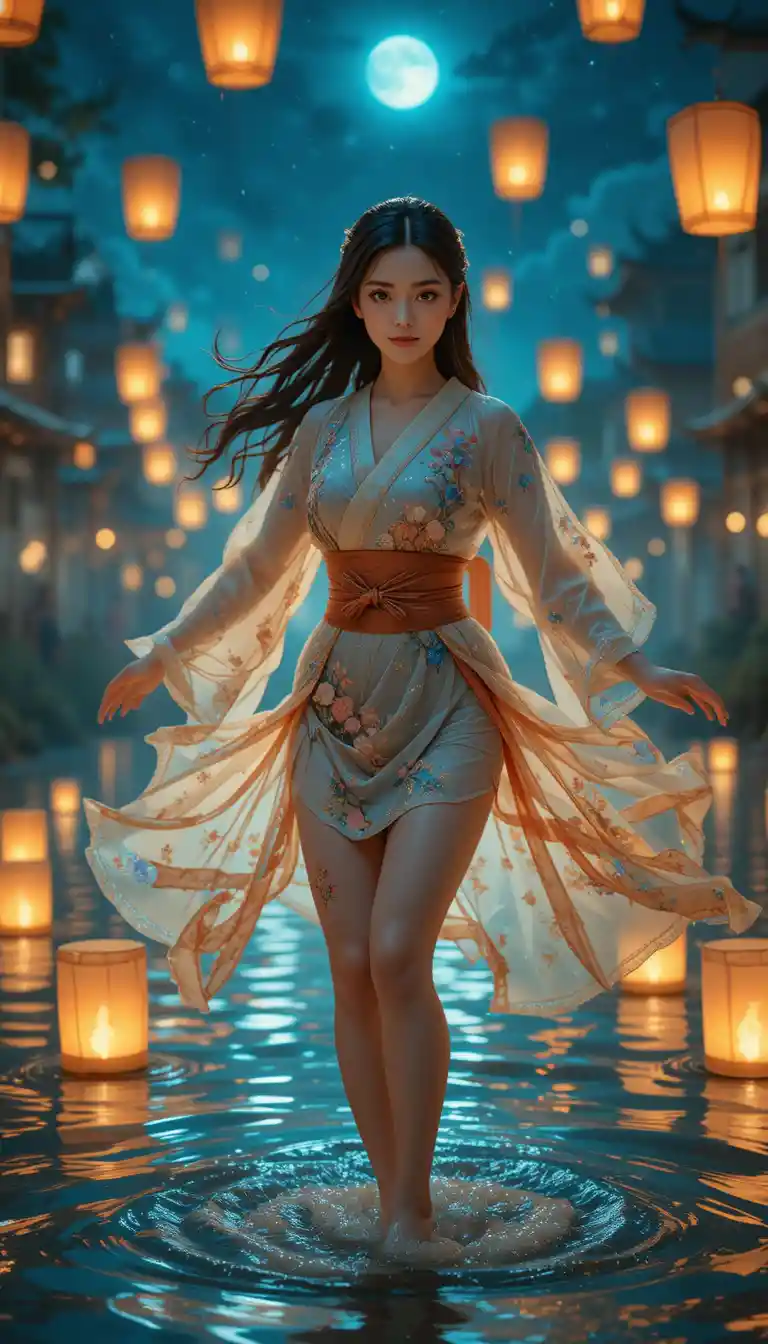 Anime woman dancing in a lantern lit river at night