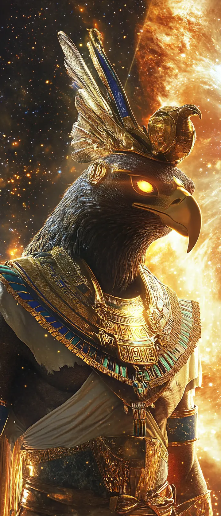 Cinematic Close Up Of Egyptian Sun God Ra In Cosmic Nebula