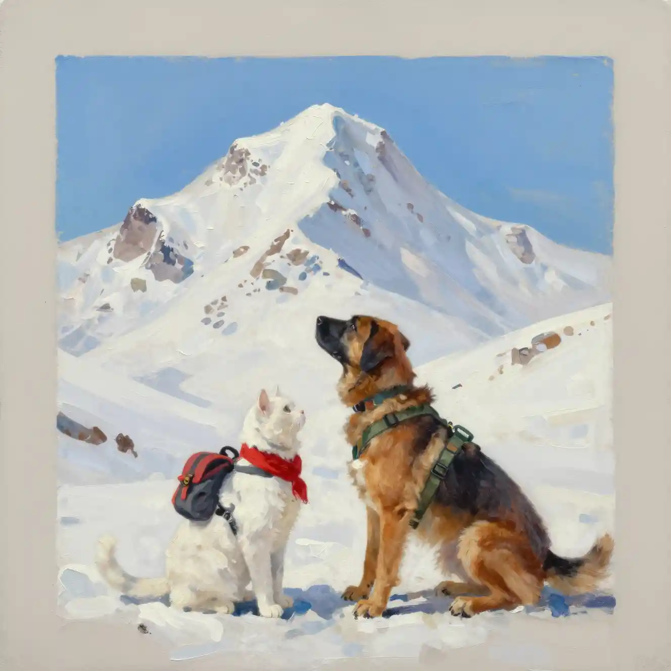 White cat and brown dog facing a snowy mountain peak