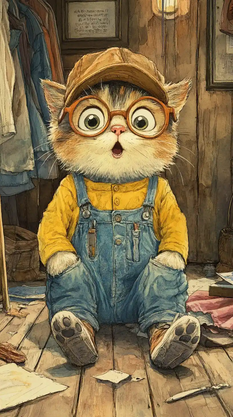 Watercolor cat in glasses sitting in a messy room