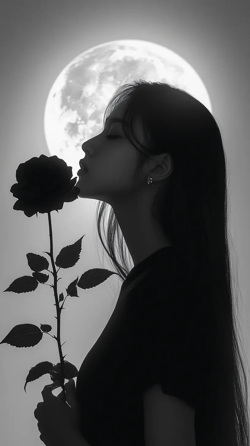 Young woman with black rose under a luminous full moon