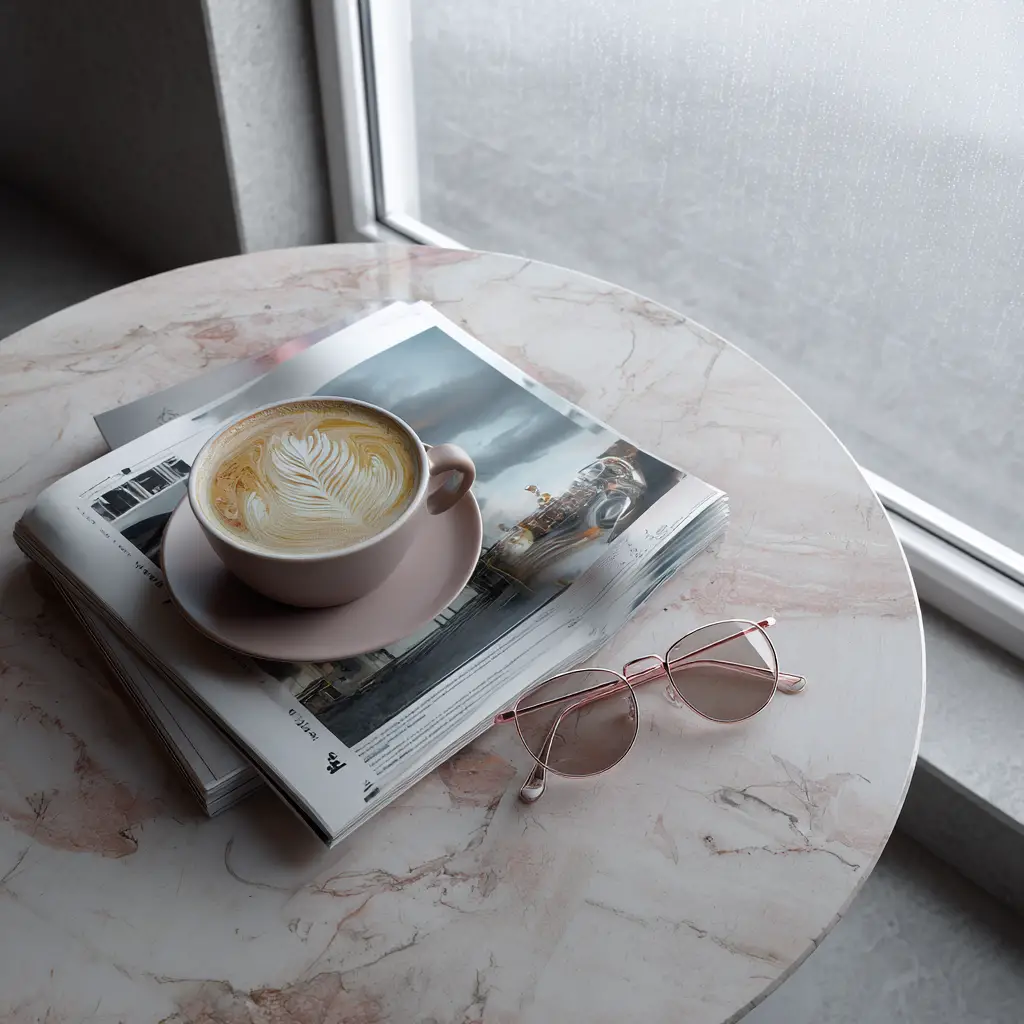 Serene coffee on marble table with magazine and glasses