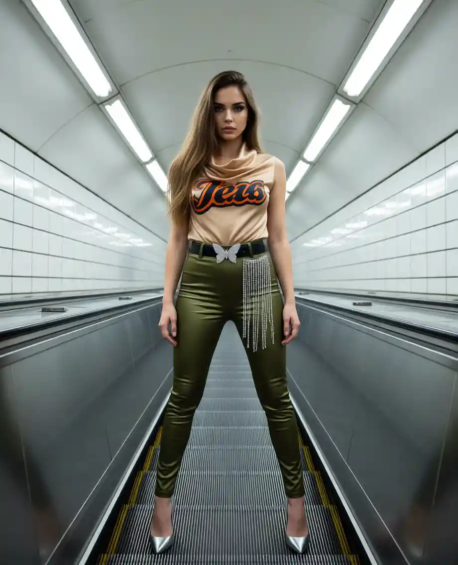 Woman in satin bodysuit on subway escalator