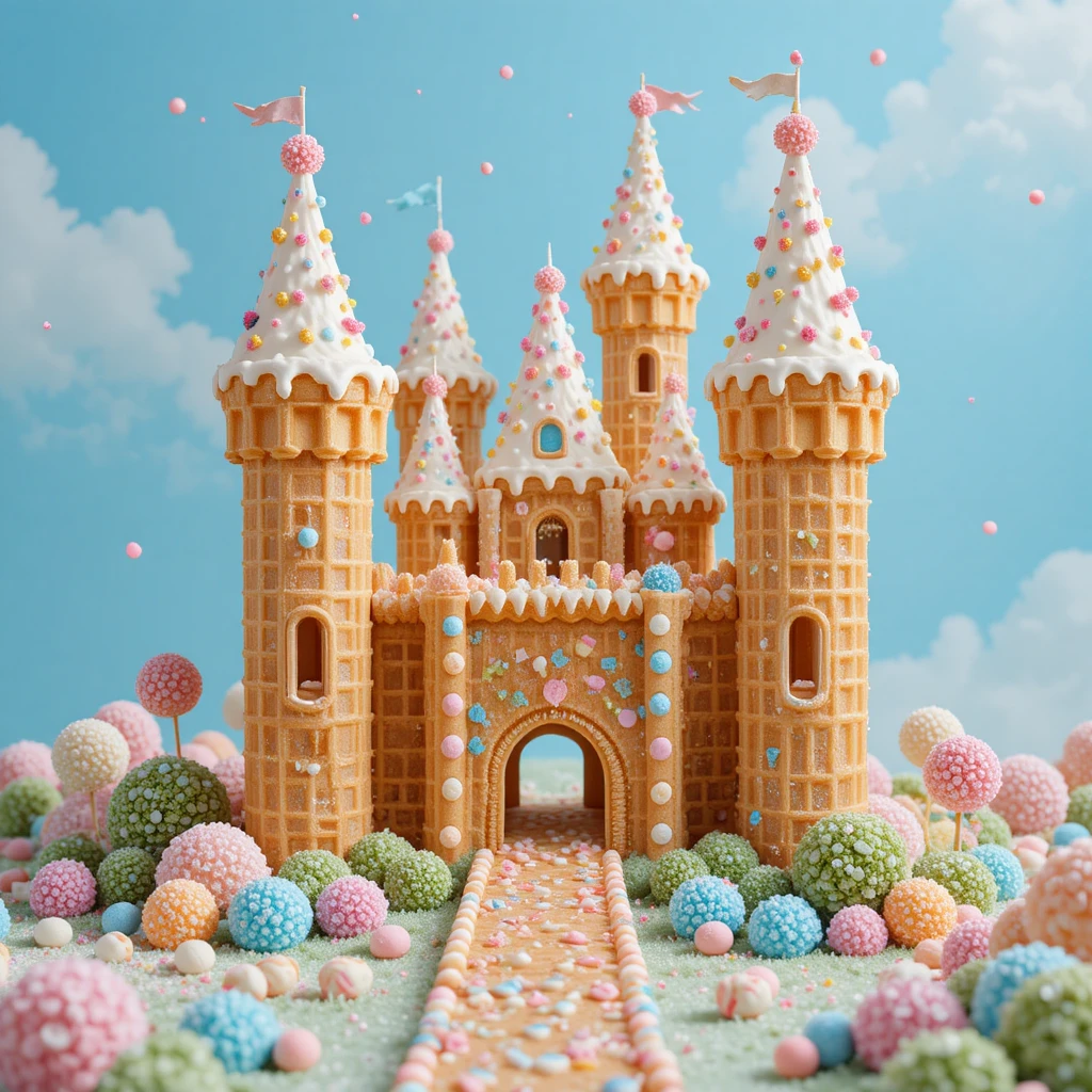 Castillo de Gofres Fantasioso en un Paisaje de Dulces en Tonos Pastel