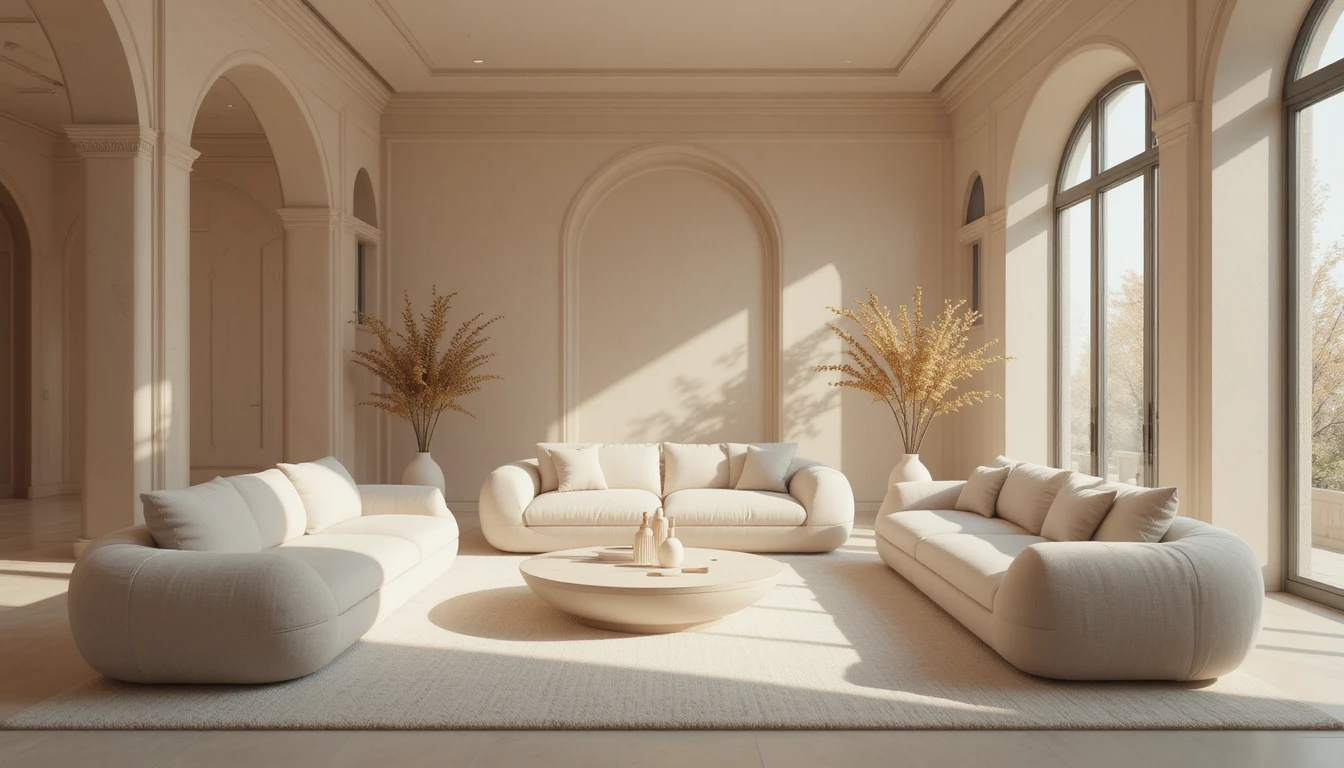 Cinematic modern apartment living room with soft neutral tones