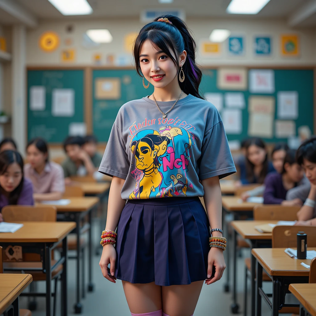 Stylish Japanese woman in bright classroom fashion