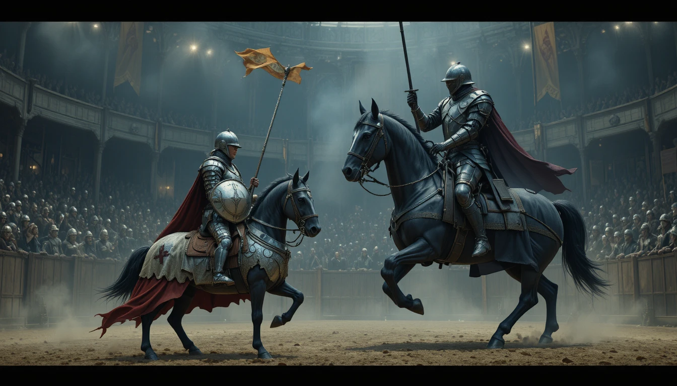 Cavaliere medievale su un minuscolo pony che entra in un’arena di giostra
