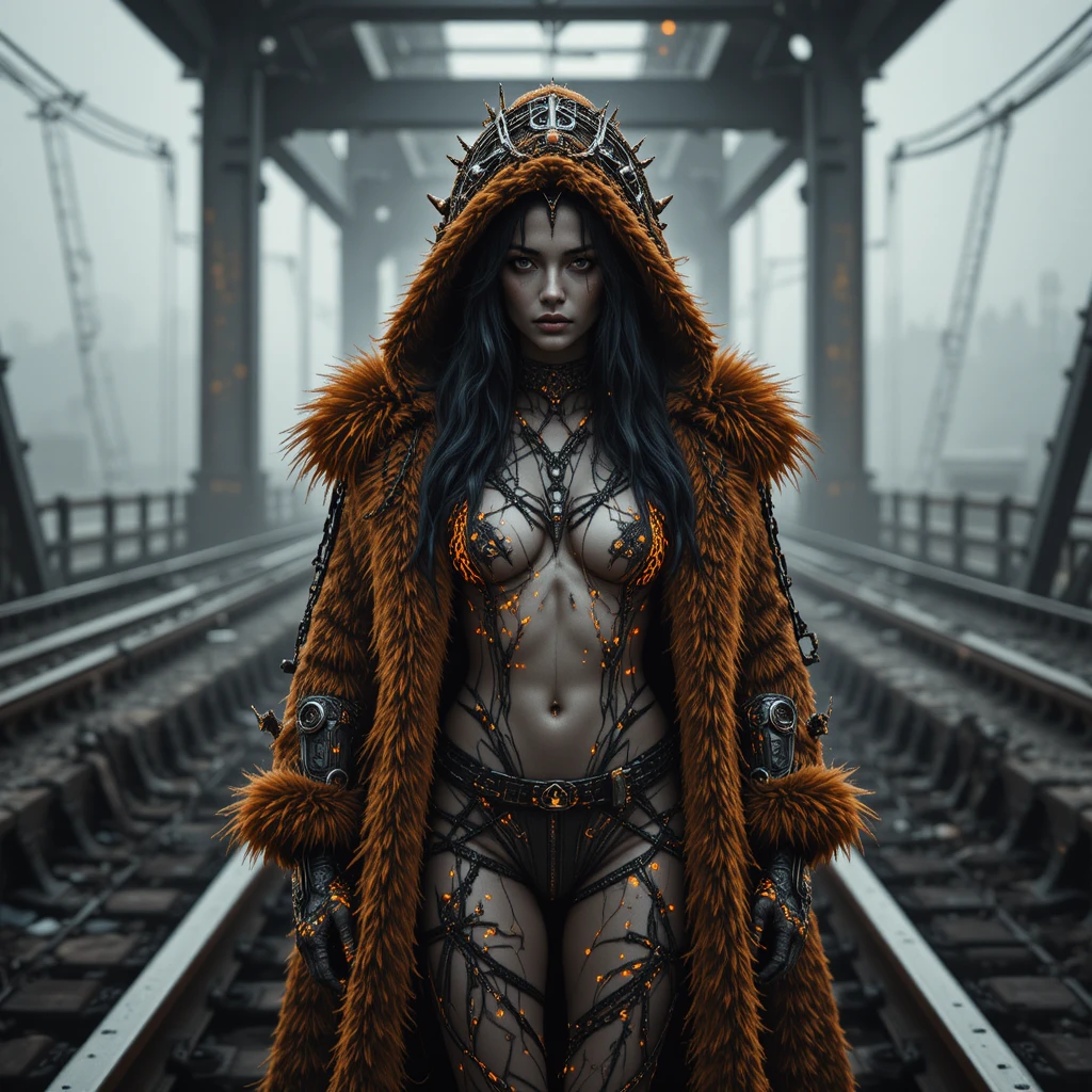 Cyberpunk woman on mag rail platform in glitching light