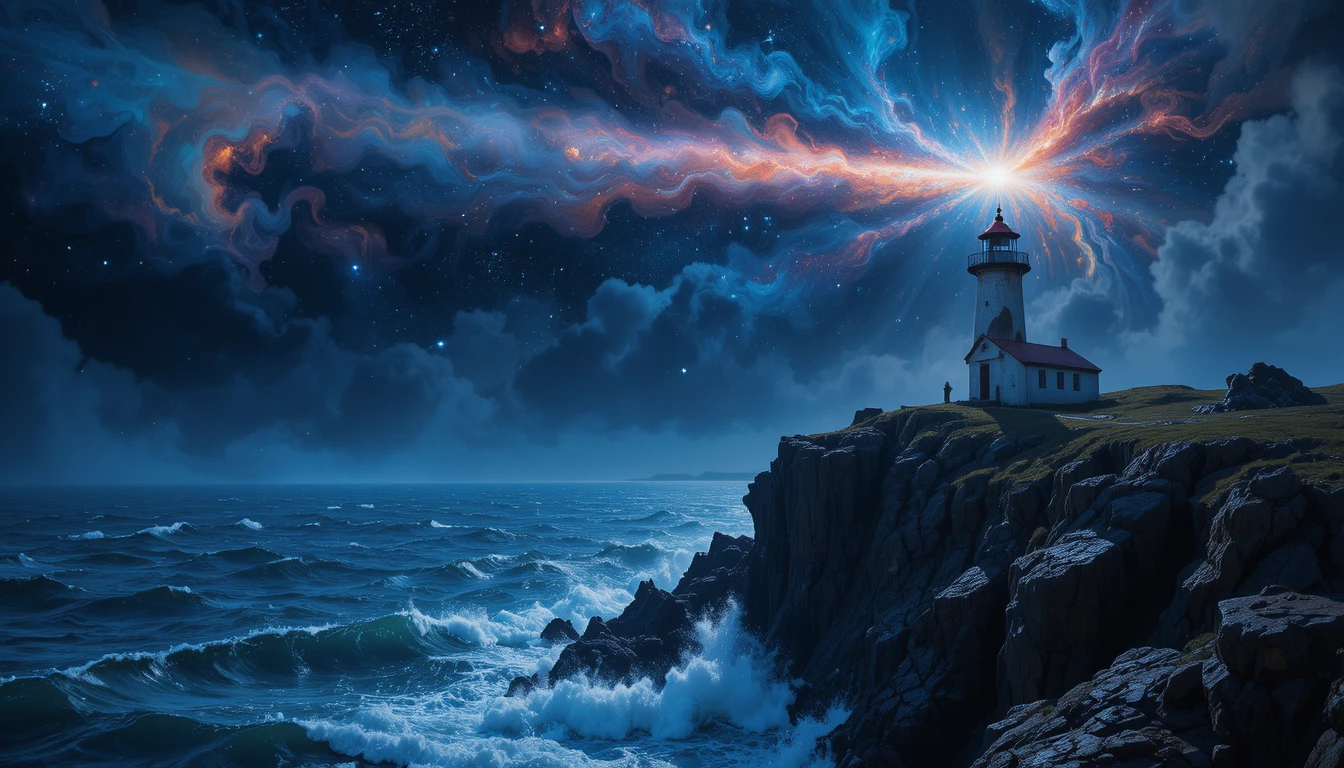 Faro Sobre un Turbulento Mar Cósmico Nocturno