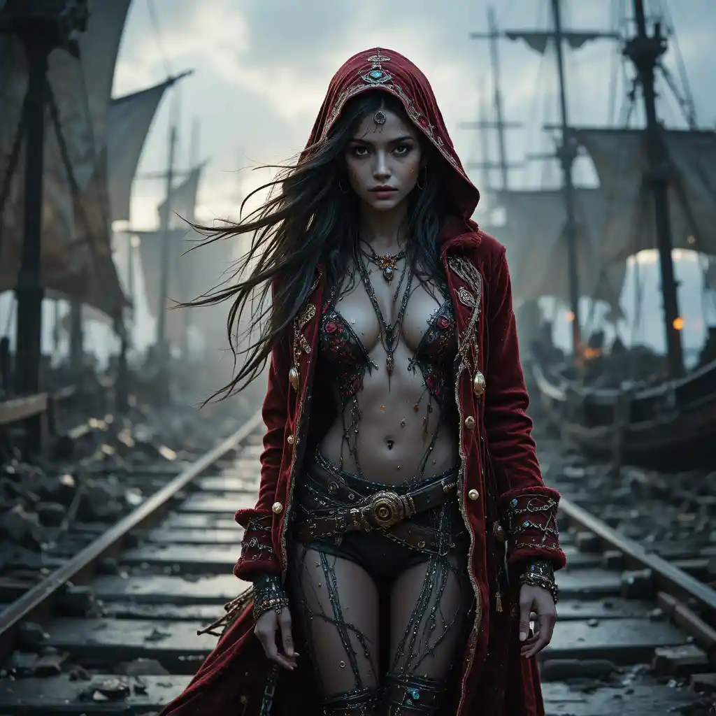 Cyberpunk pirate woman on stormy caribbean dock at dawn