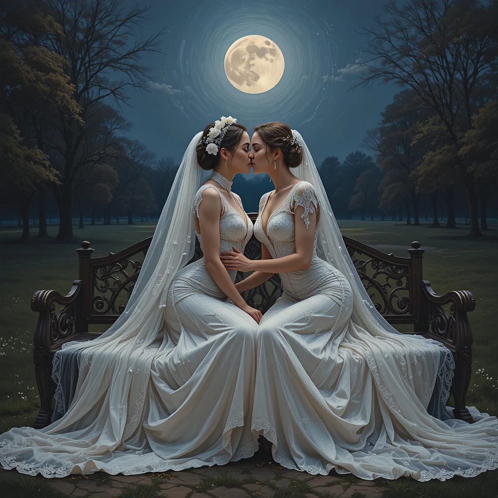 Two brides kissing on a bench under the moonlight