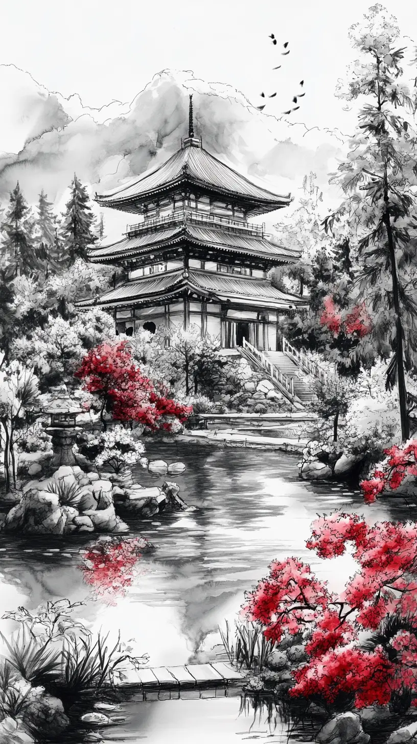Ancient Japanese Temple With Futuristic Additions In Zen Garden