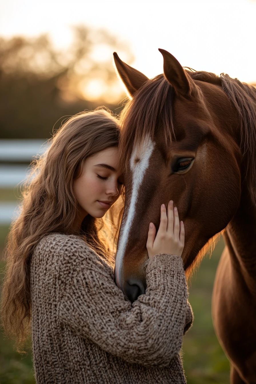 Young woman touching a horse at sunset in a quiet field