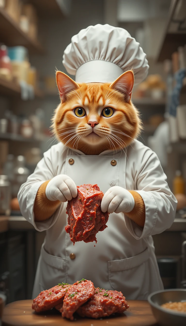 Gato naranja chef preparando carne en una cocina profesional