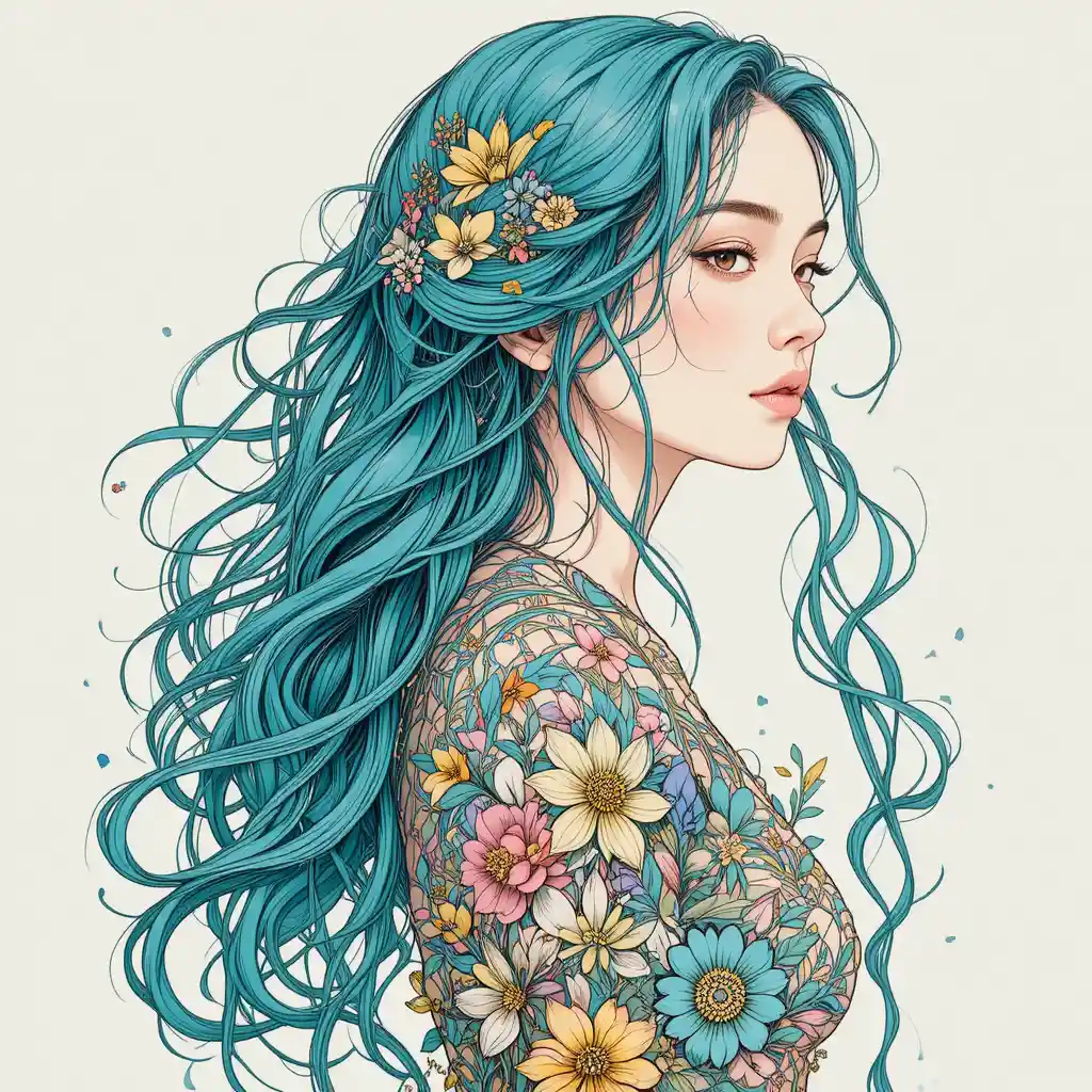 Serene young woman with teal hair in floral patterned dress