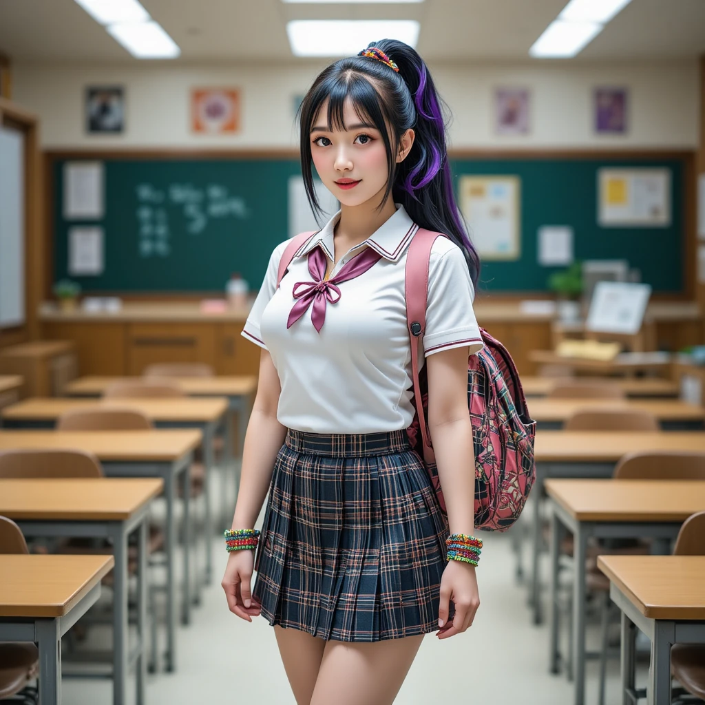 Cheerful Japanese schoolgirl standing confident in bright classroom