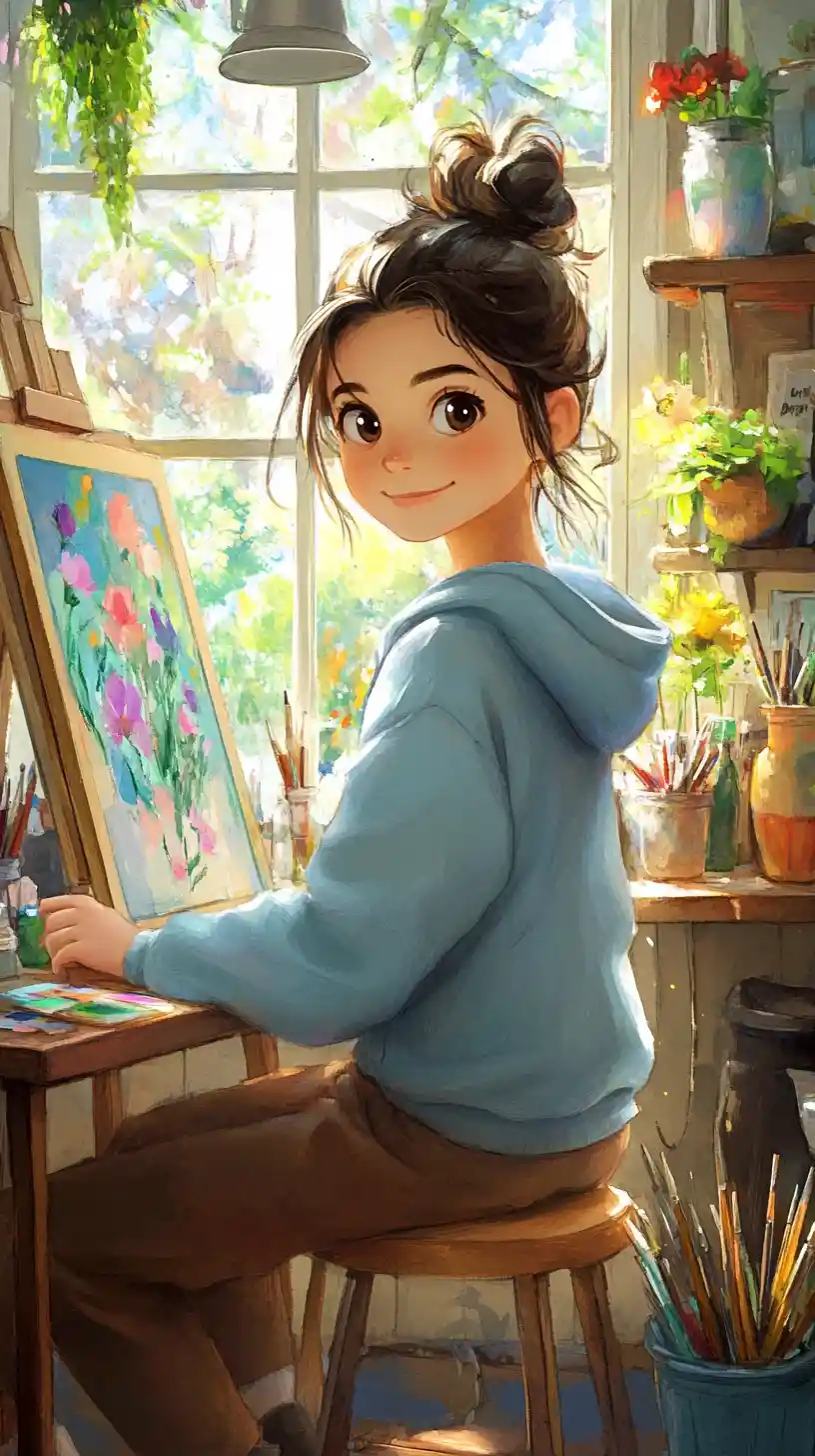 Young artist painting at a cozy watercolor art studio desk