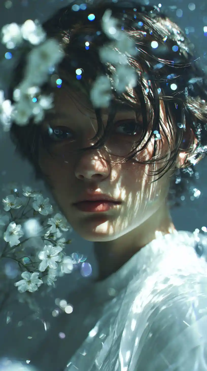 Anime girl portrait with blossoms and water droplets