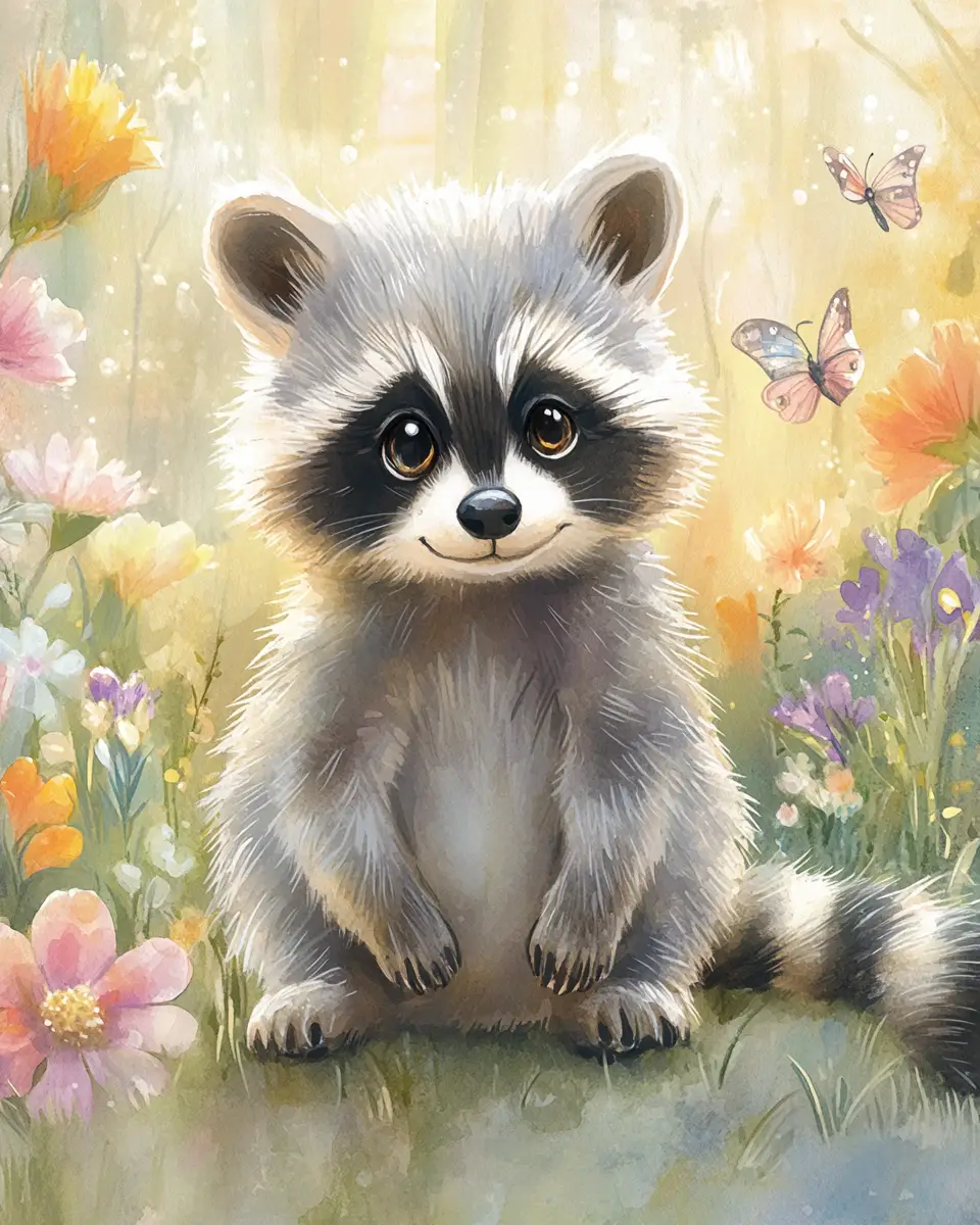 Cute baby raccoon in a whimsical watercolor meadow