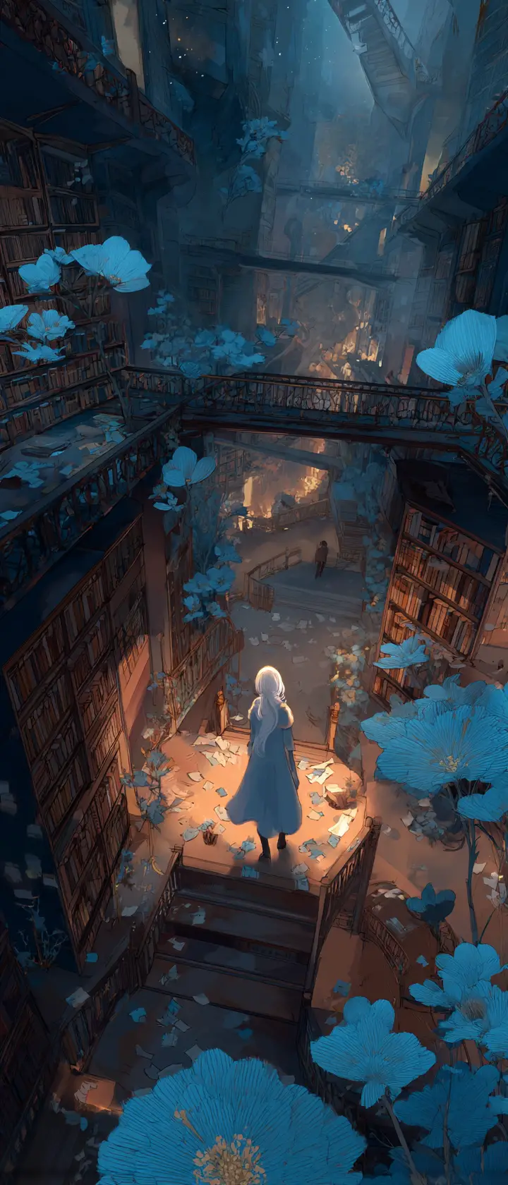 Ethereal woman wandering through a crumbling floating library