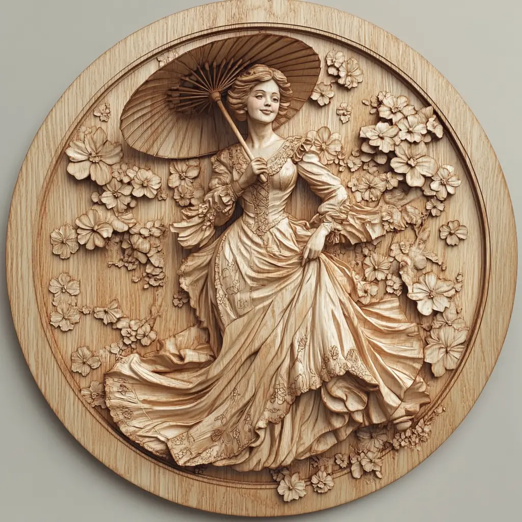 Victorian woman with parasol in carved wood floral scene