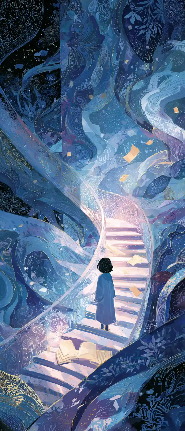 Woman ascending endless marble stairs toward starry sky