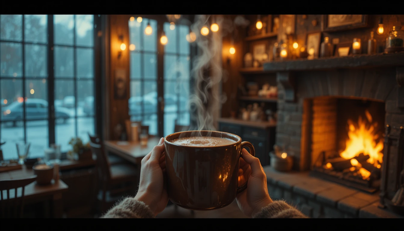 Caffè accogliente con mani che stringono una tazza fumante vicino al camino