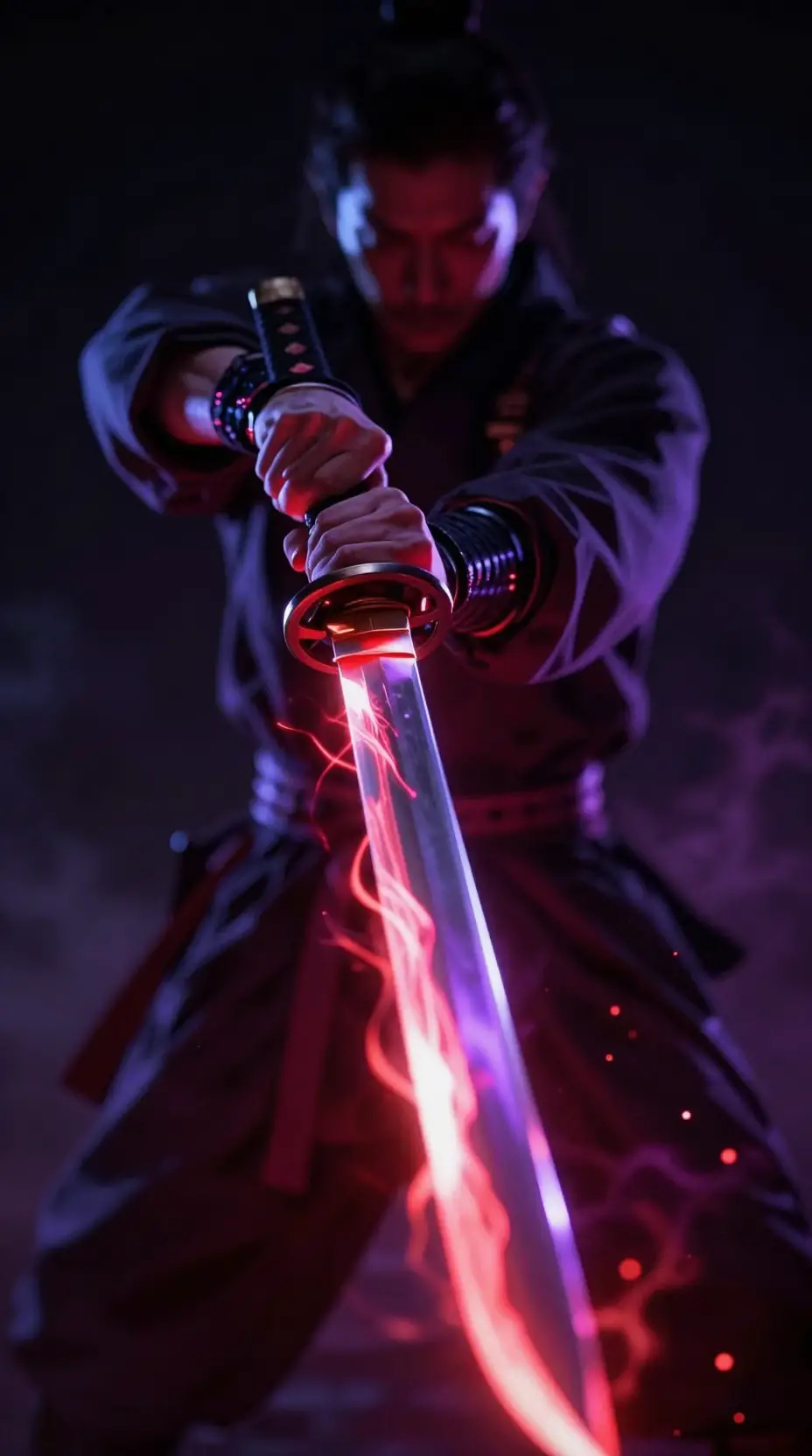 Samouraï cybernétique pointant son katana vers le spectateur sous une lumière néon