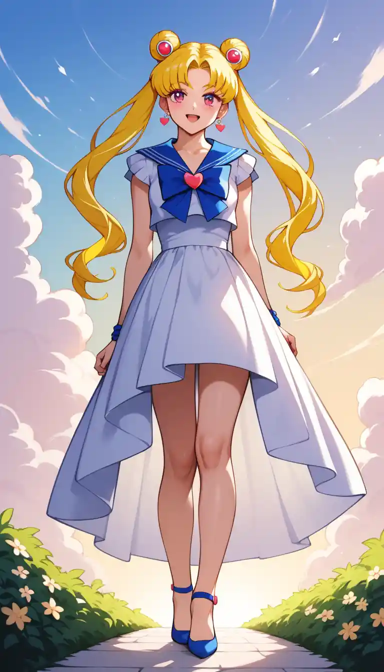 Fröhliches Anime-Mädchen bei Sonnenaufgang in einer klaren Outdoor-Szene