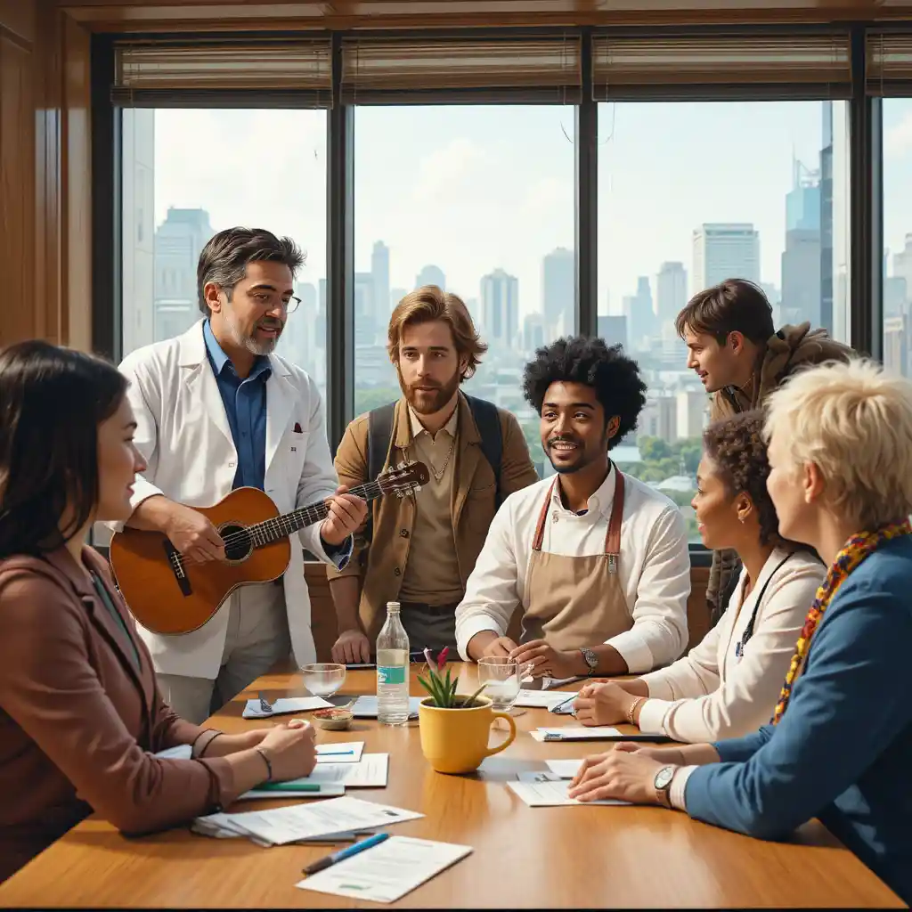Diverse professionals collaborating around a table in discussion