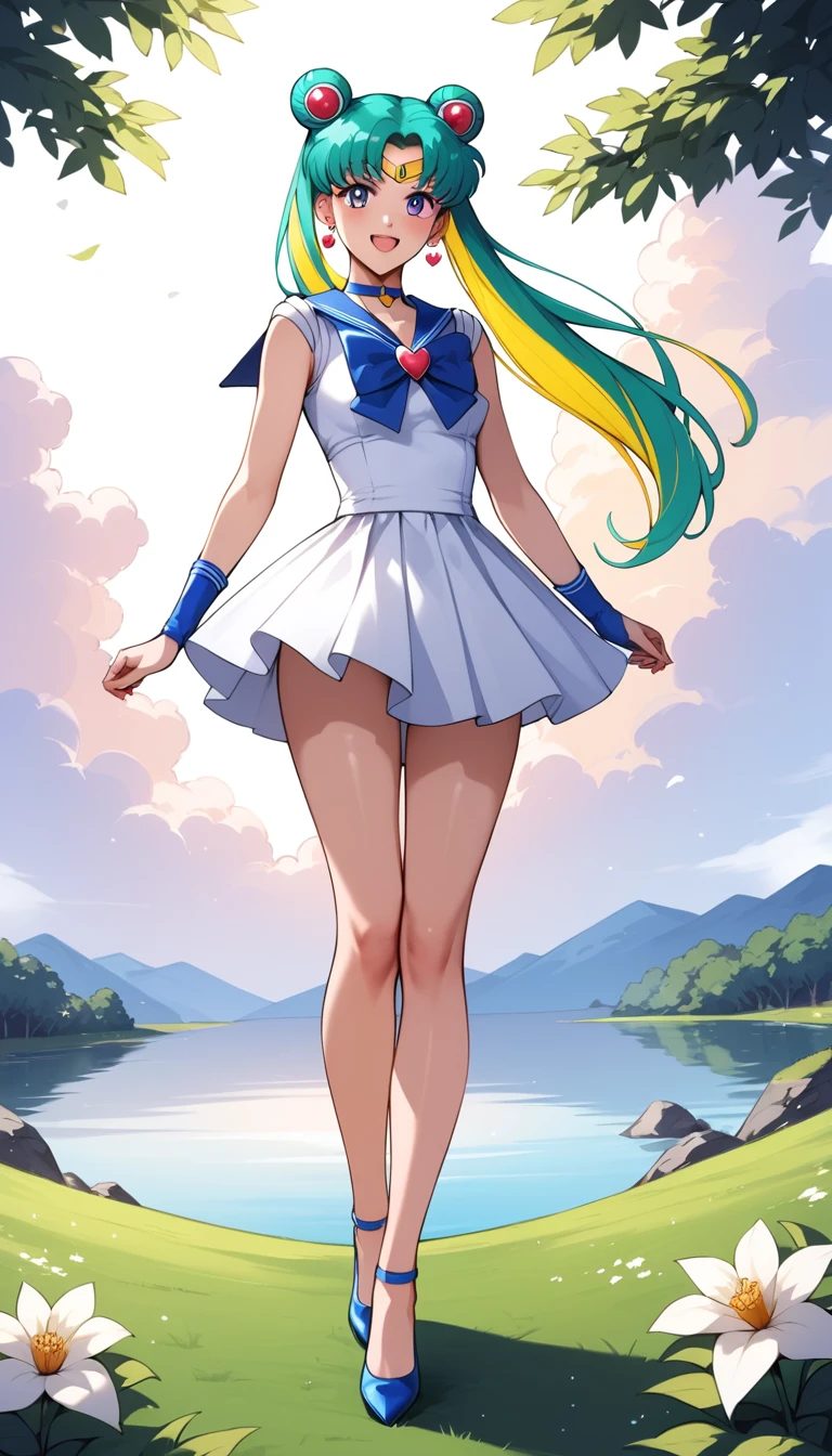 Fille d’anime debout sous un ciel dégagé au lever du soleil