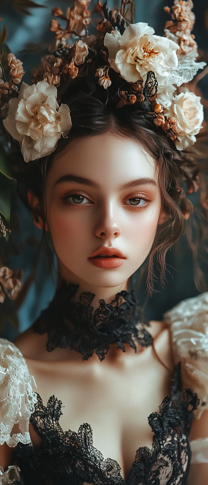 Glamorous baroque inspired woman in dark romantic portrait