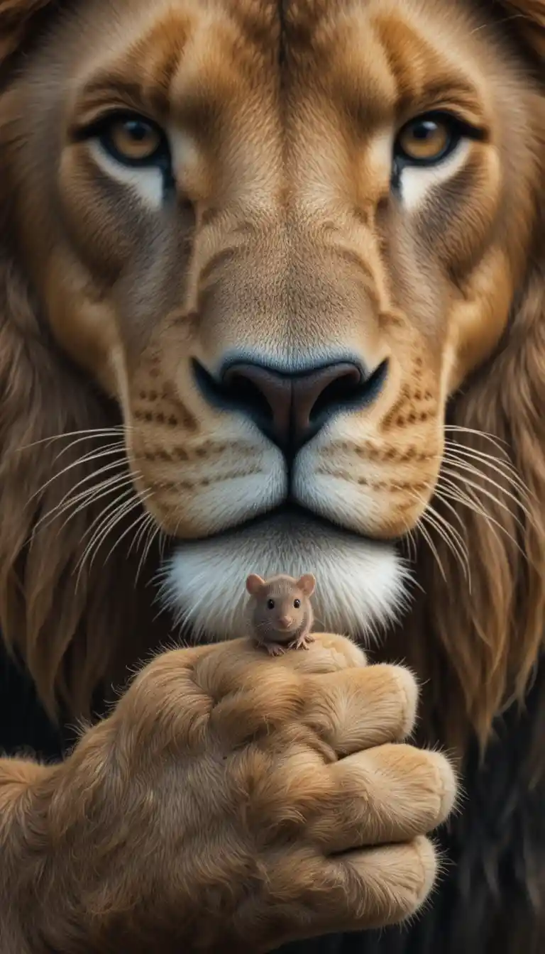 Mutige kleine Maus auf einem gewaltigen Löwen aus der Nähe