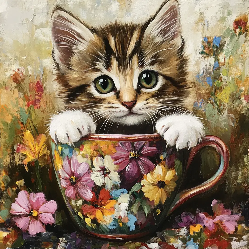 Playful tabby kitten in a colorful floral coffee cup
