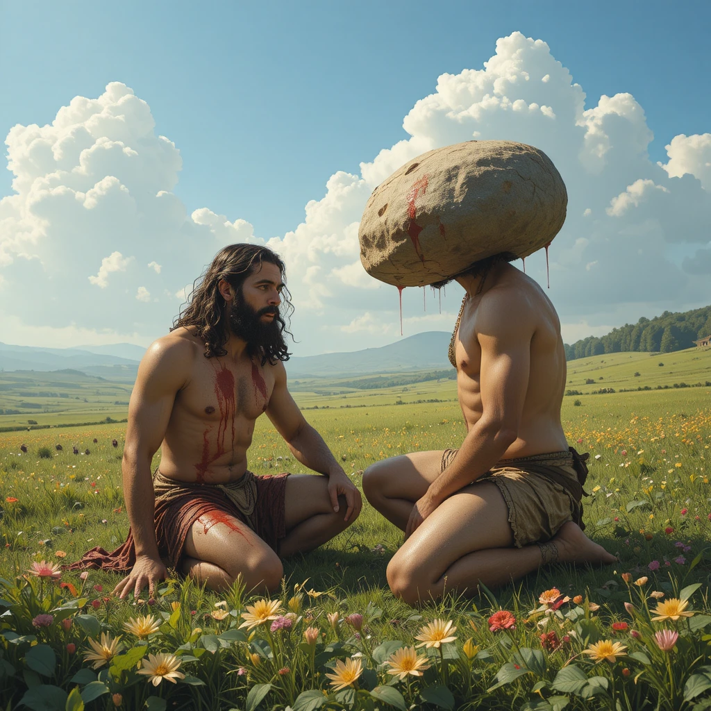 Cain killing Abel with a stone in a green field