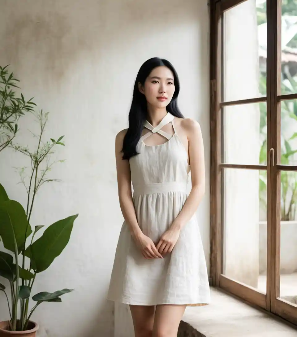 Vietnamese woman in linen dress in minimalist earth tone room