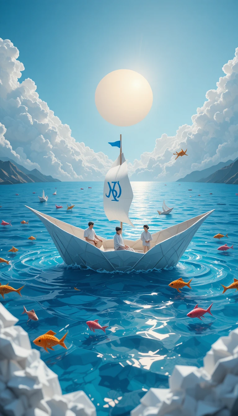Origami paper boat sailing on a vast blue ocean