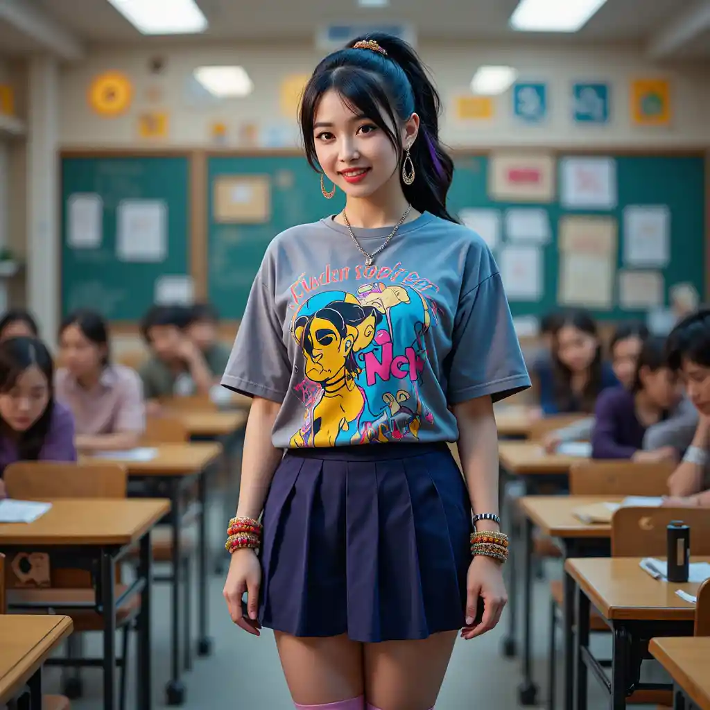 Stylish Japanese woman in bright classroom fashion
