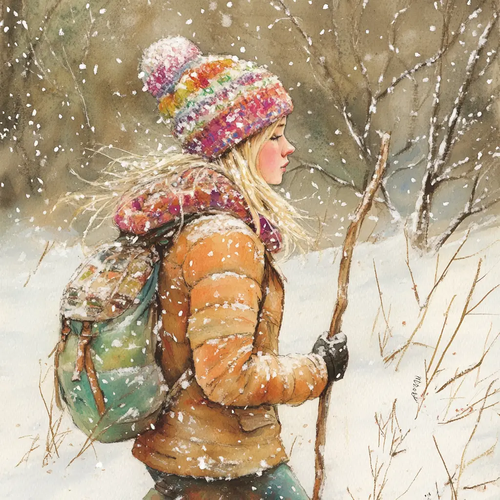Young woman walking against the wind in snowy landscape