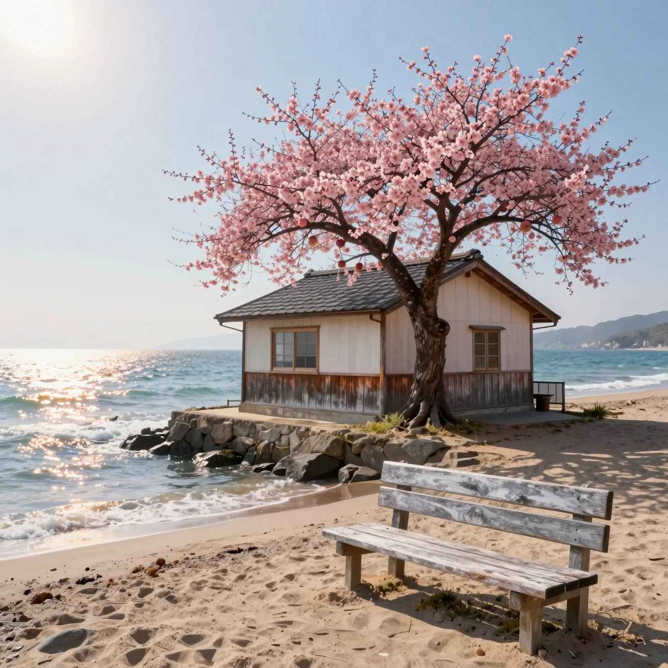 Quiet island house with plum tree in calm ocean
