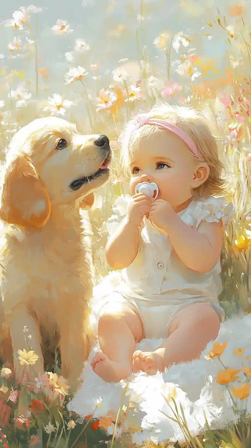 Baby And Puppy On Blanket In Blooming Flower Field