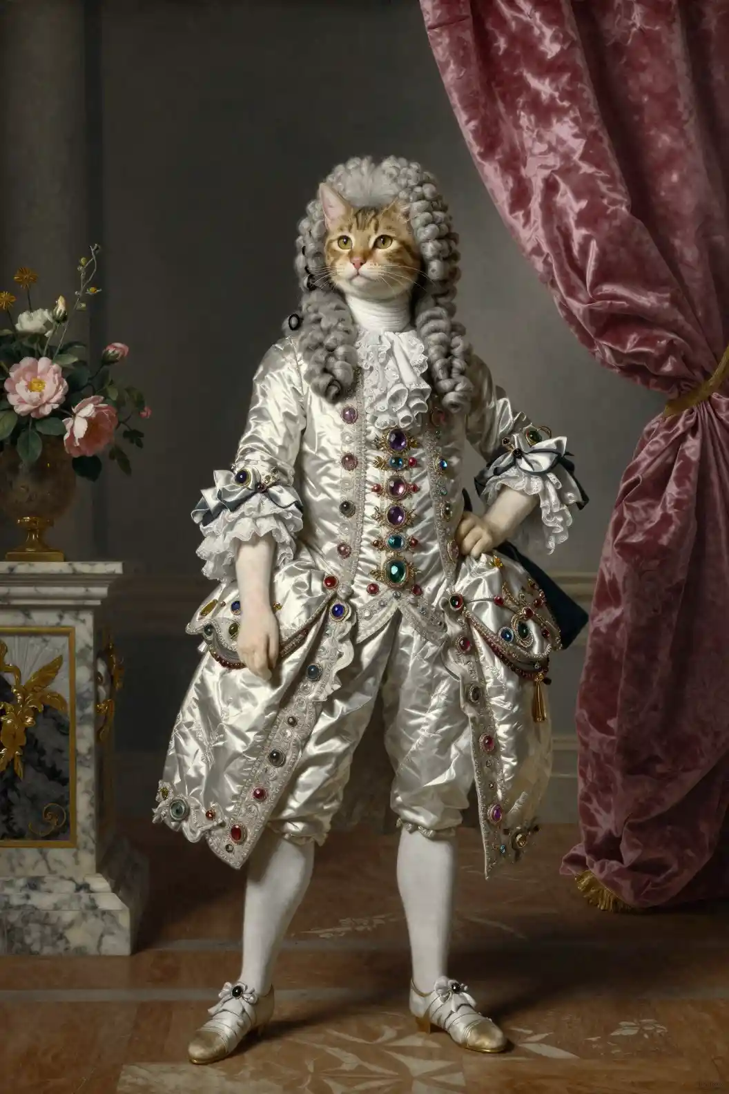 Majestätische anthropomorphe Katze im Rokoko-Hofporträt