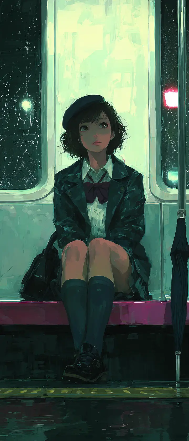 Lonely schoolgirl on a rainy late night subway platform