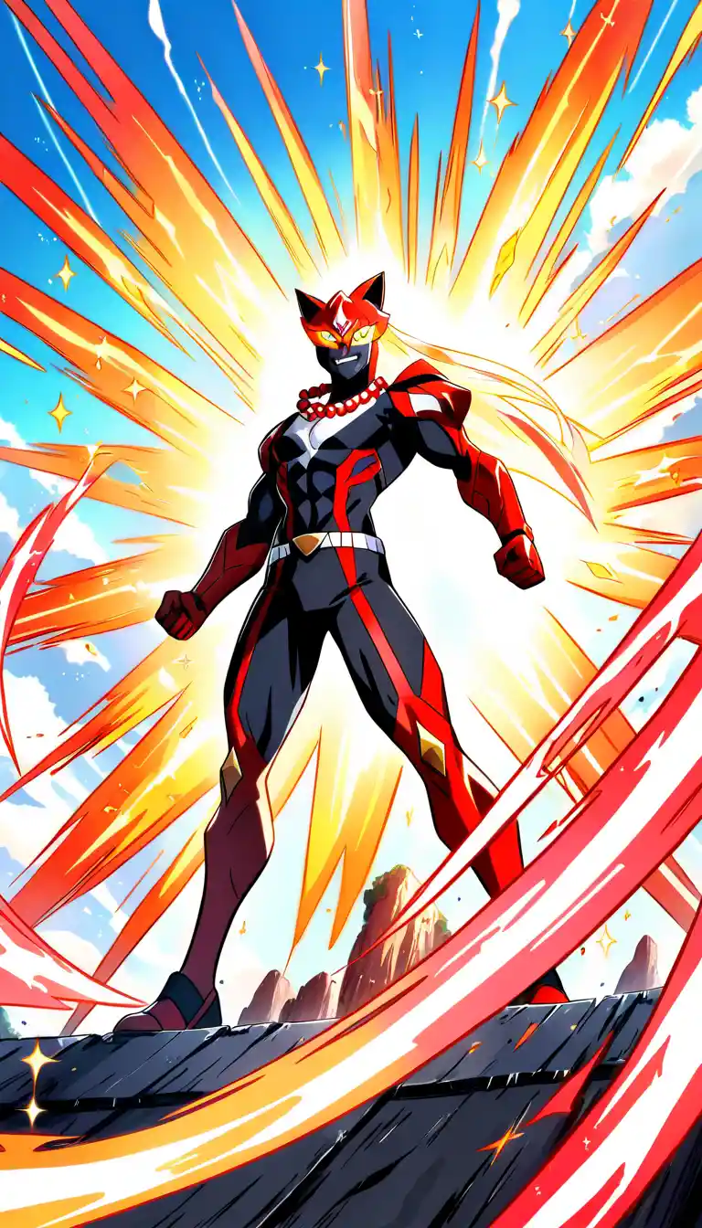 Homem de anime confiante com cabelo bicolor sob céu limpo