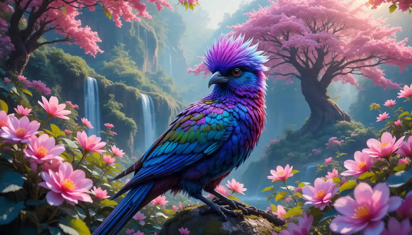 Iridescent fantasy bird resting among pink forest blossoms