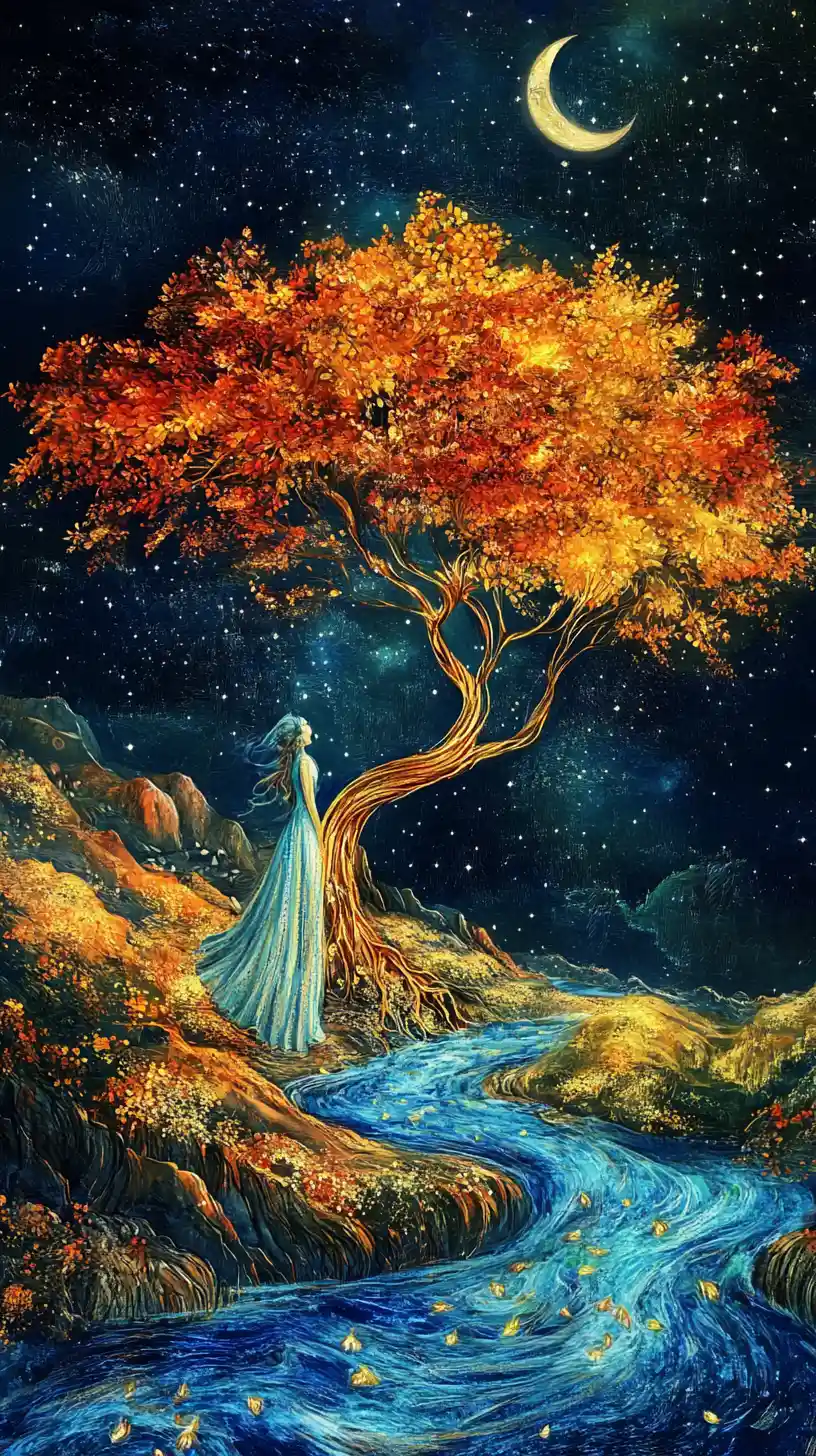 Mystical woman beside a river tree under starry night