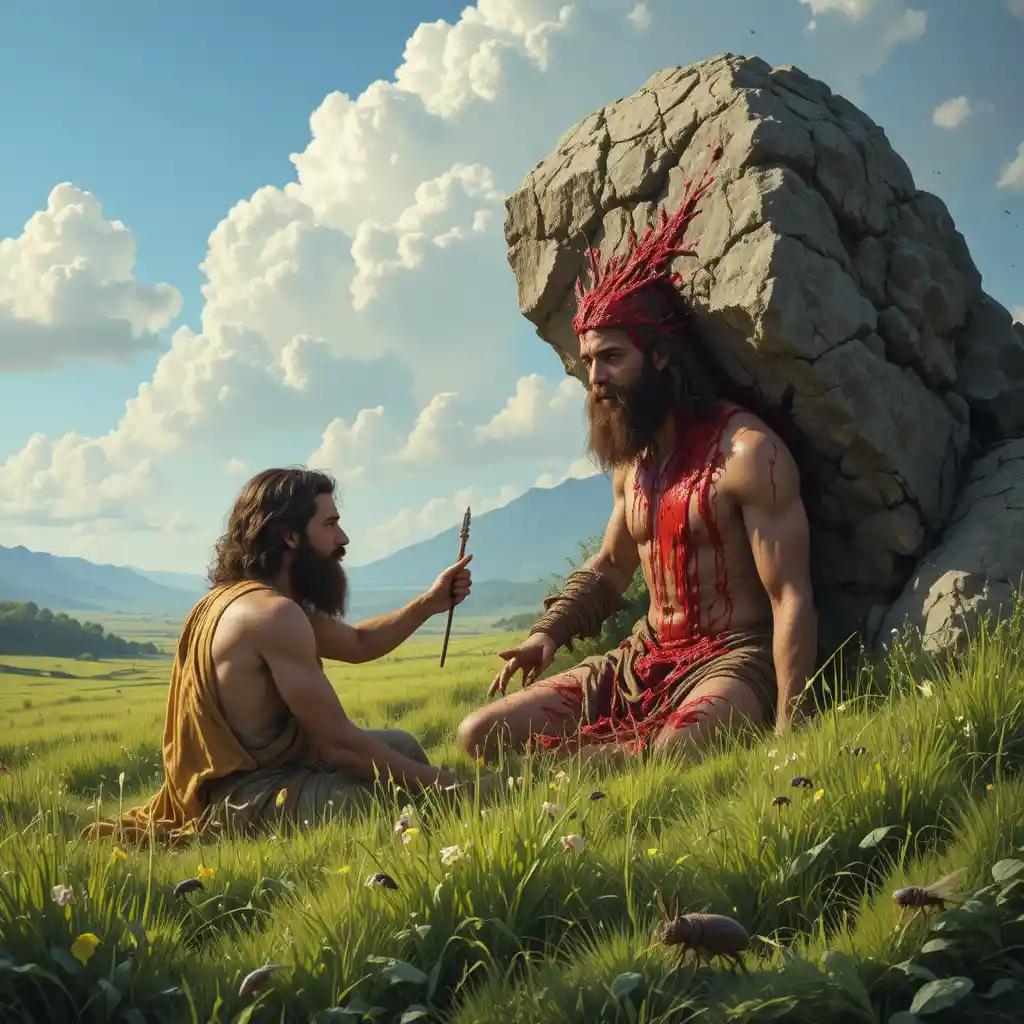 Caín matando a Abel con una piedra en un campo verde