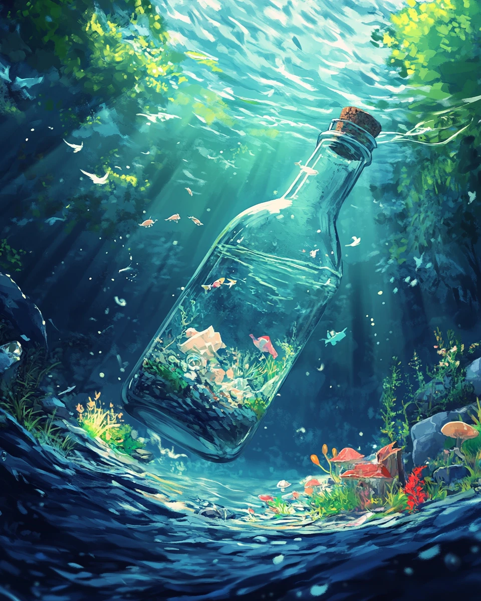 Botella de anime a la deriva en el mar con un diminuto mundo interior