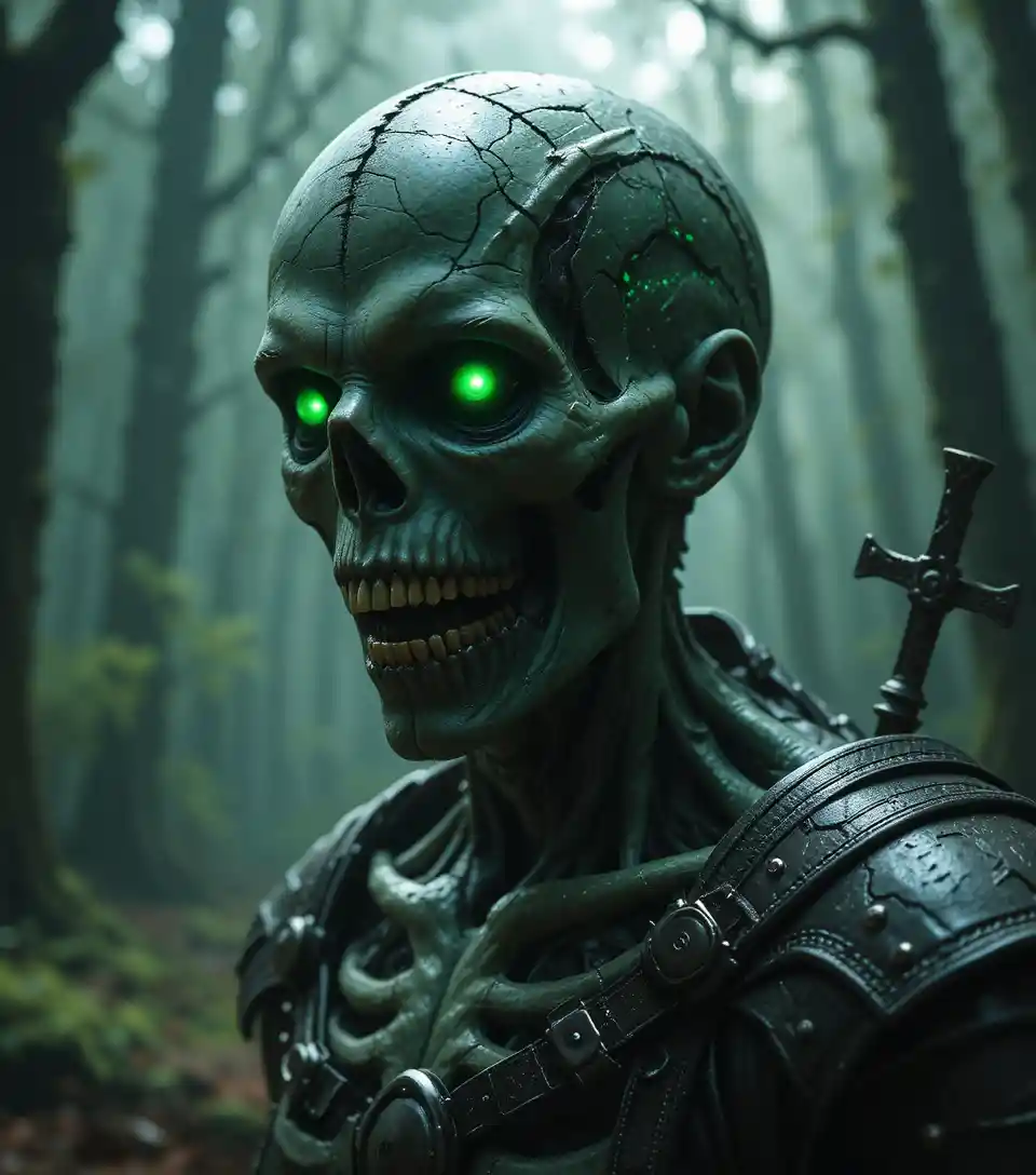 Undead warrior corpse with glowing green eyes in armor